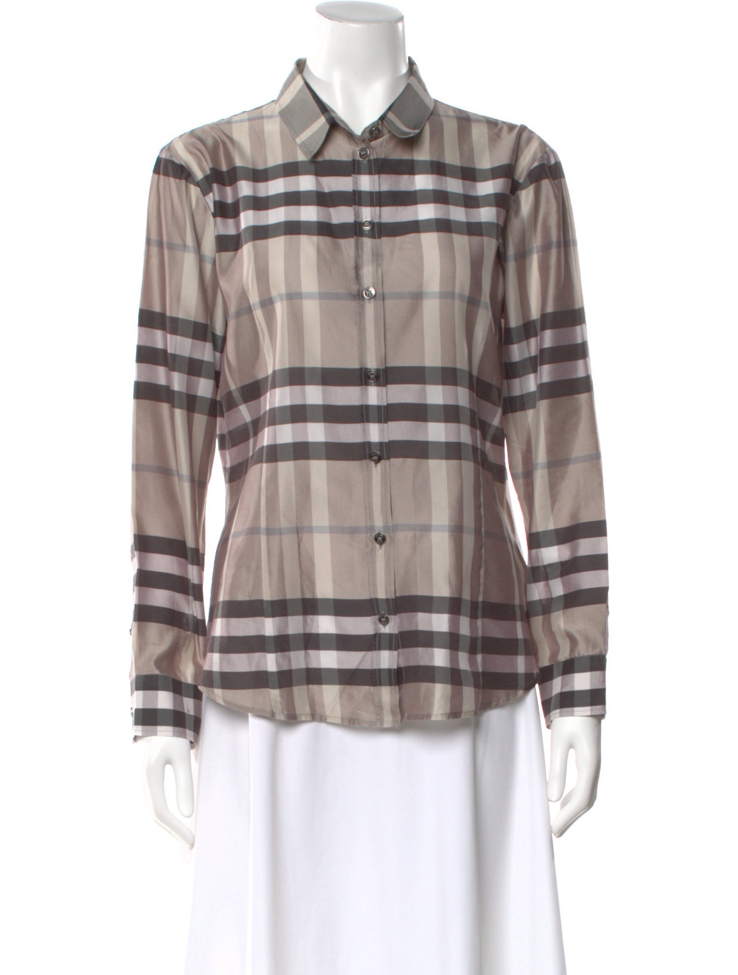 Burberry London Plaid Print Long Sleeve Button-Up Top