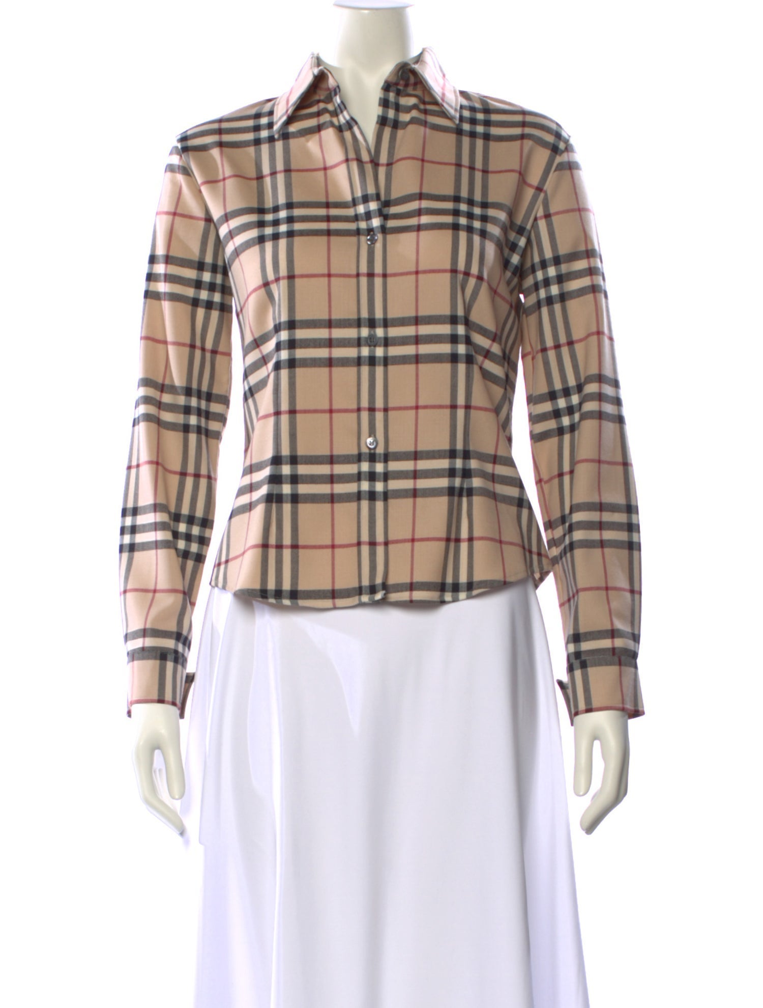 Burberry London Wool Plaid Print Button-Up Top