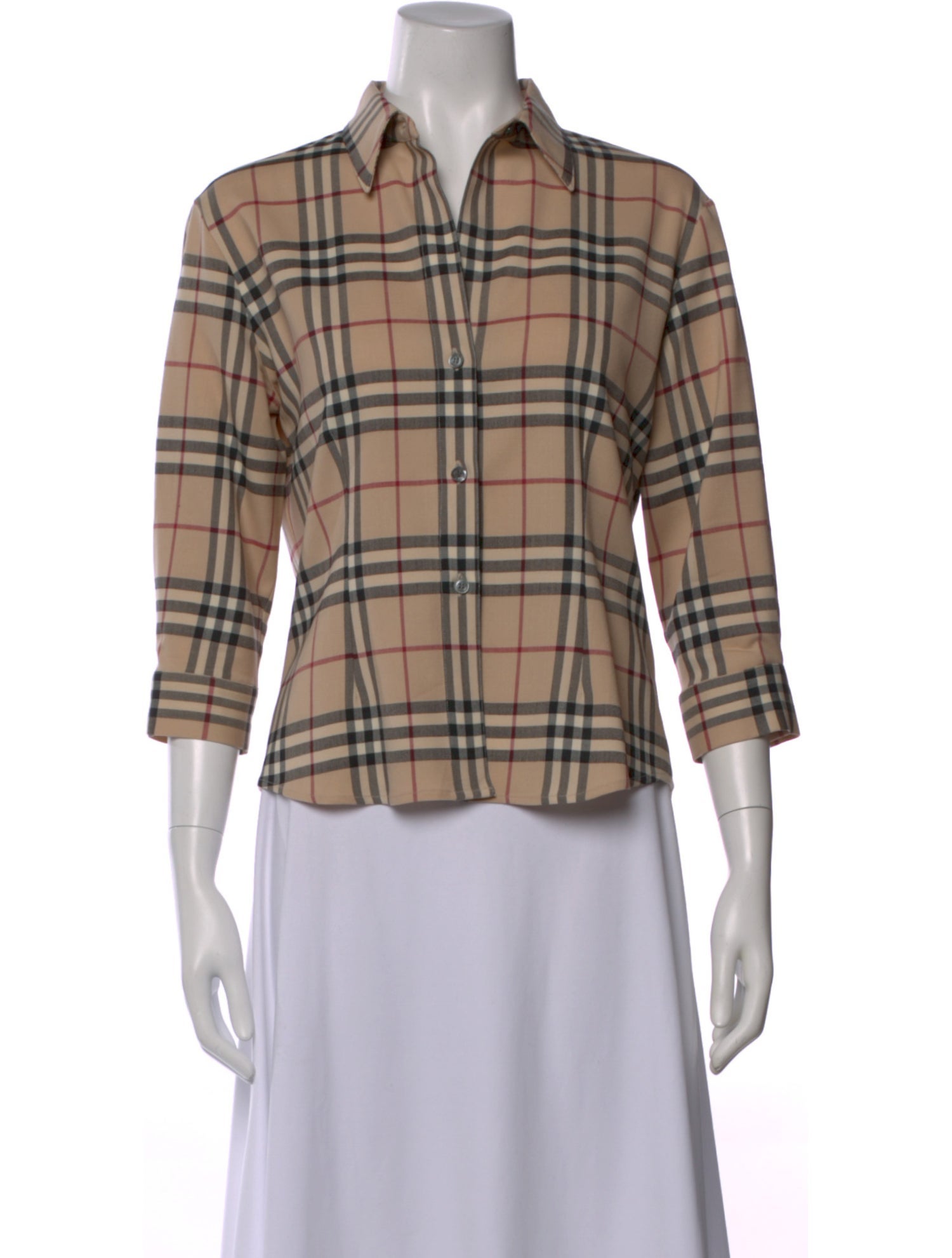 Burberry London Wool Plaid Print Button-Up Top