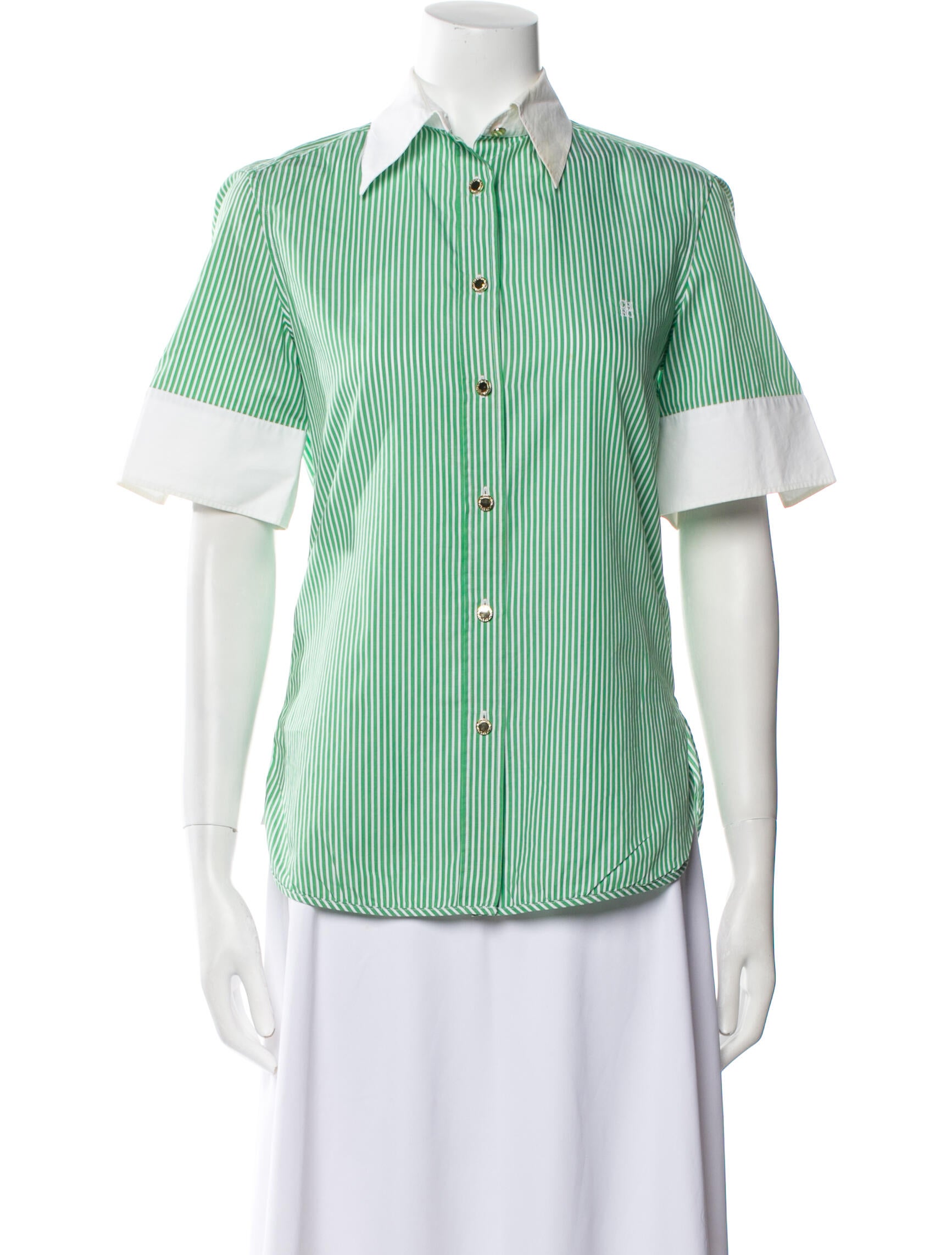 CH Carolina Herrera Striped Three-Quarter Sleeve Button-Up Top