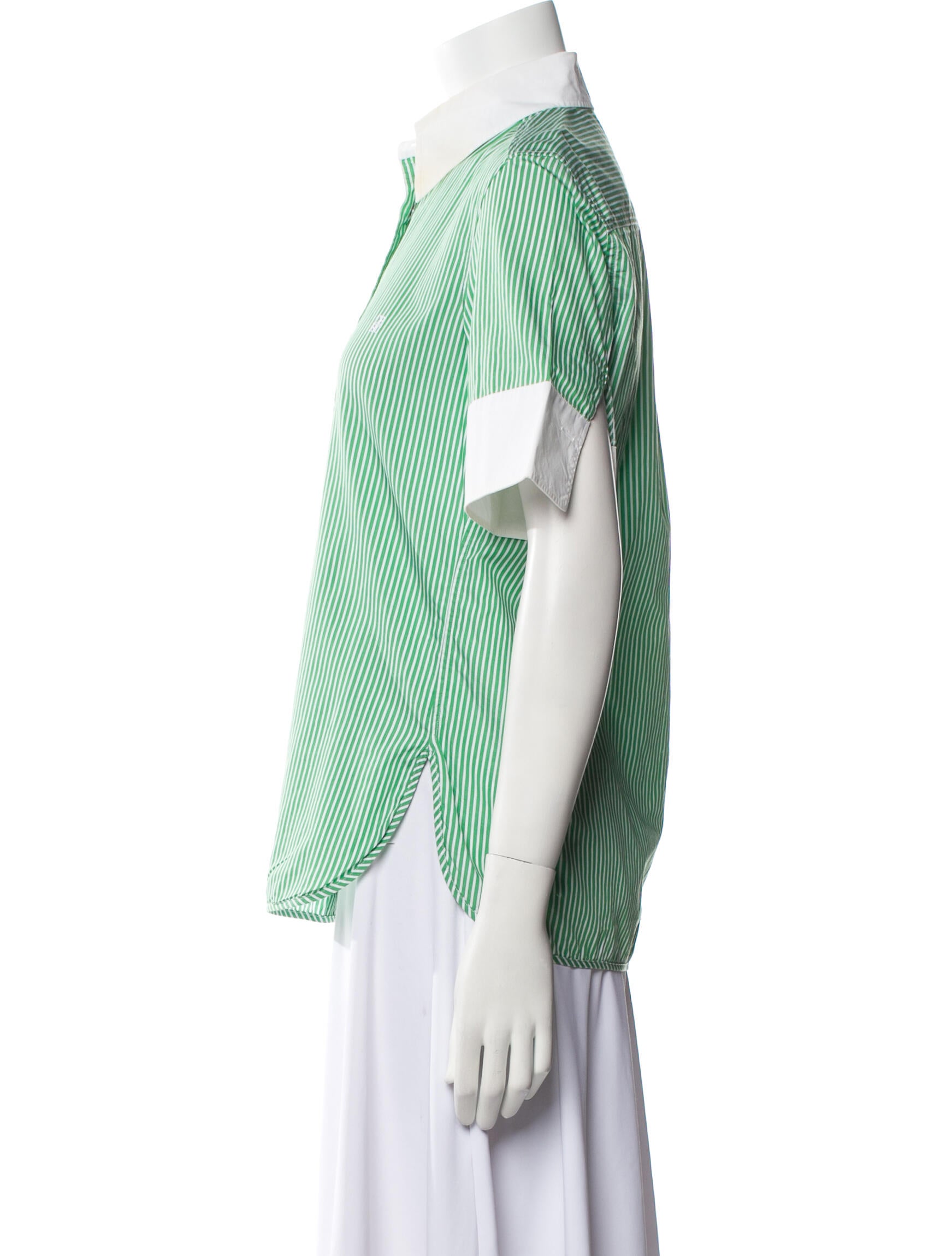 CH Carolina Herrera Striped Three-Quarter Sleeve Button-Up Top