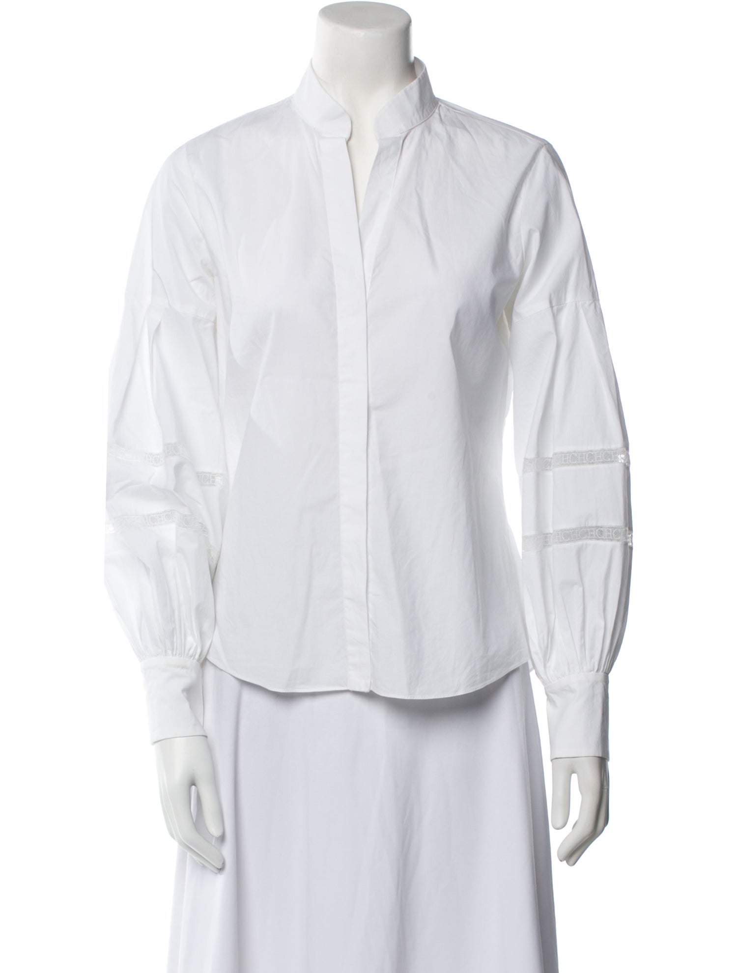CH Carolina Herrera Mock Neck Three-Quarter Sleeve Button-Up Top