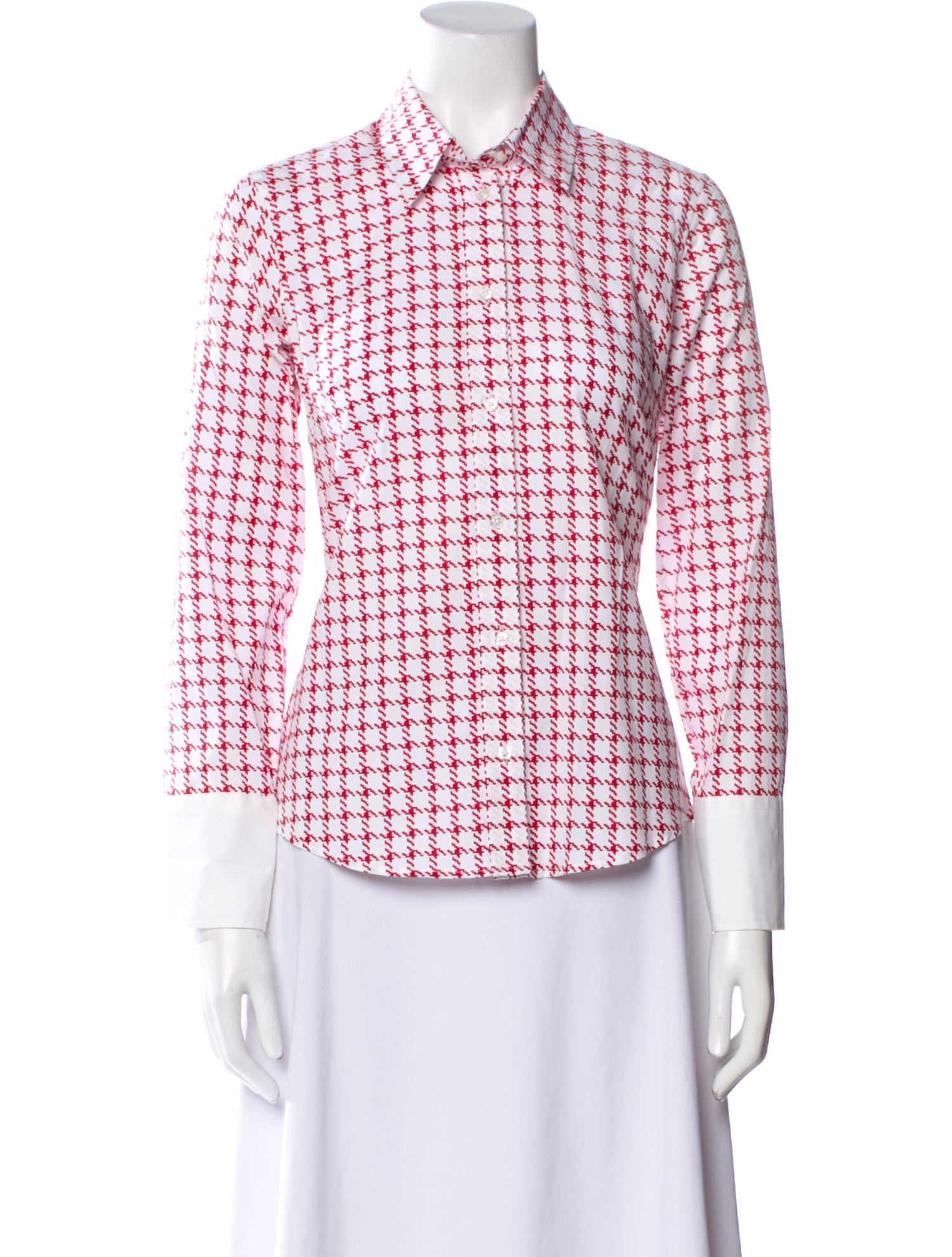 CH Carolina Herrera Houndstooth Print Three-Quarter Sleeve Button-Up Top