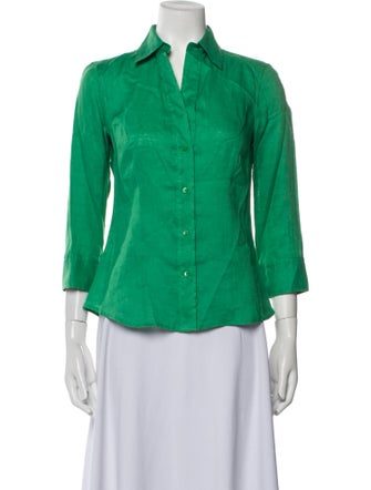 CH Carolina Herrera Linen Three-Quarter Sleeve Button-Up Top