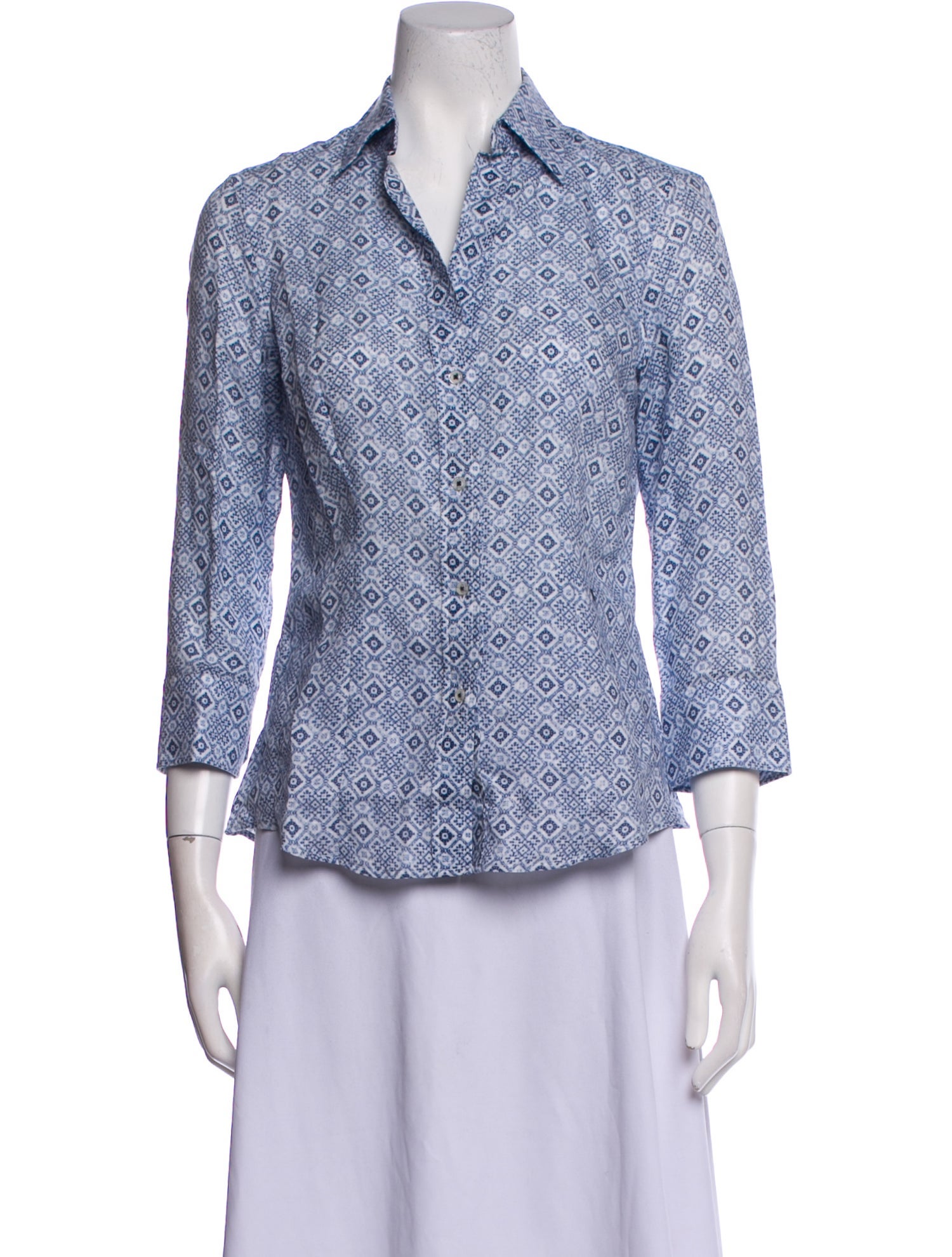 CH Carolina Herrera Linen Printed Button-Up Top
