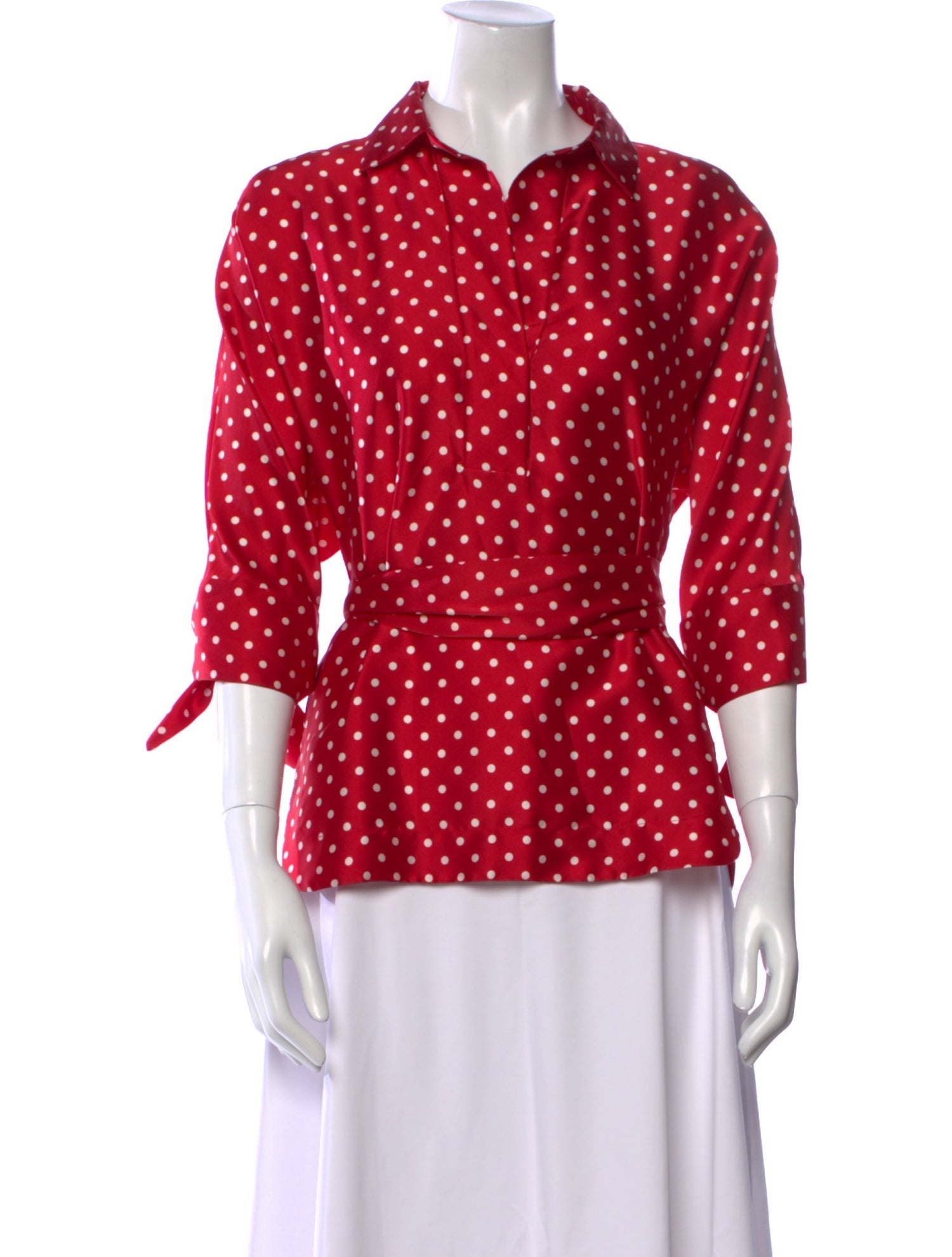 CH Carolina Herrera Polka Dot Print Three-Quarter Sleeve Button-Up Top