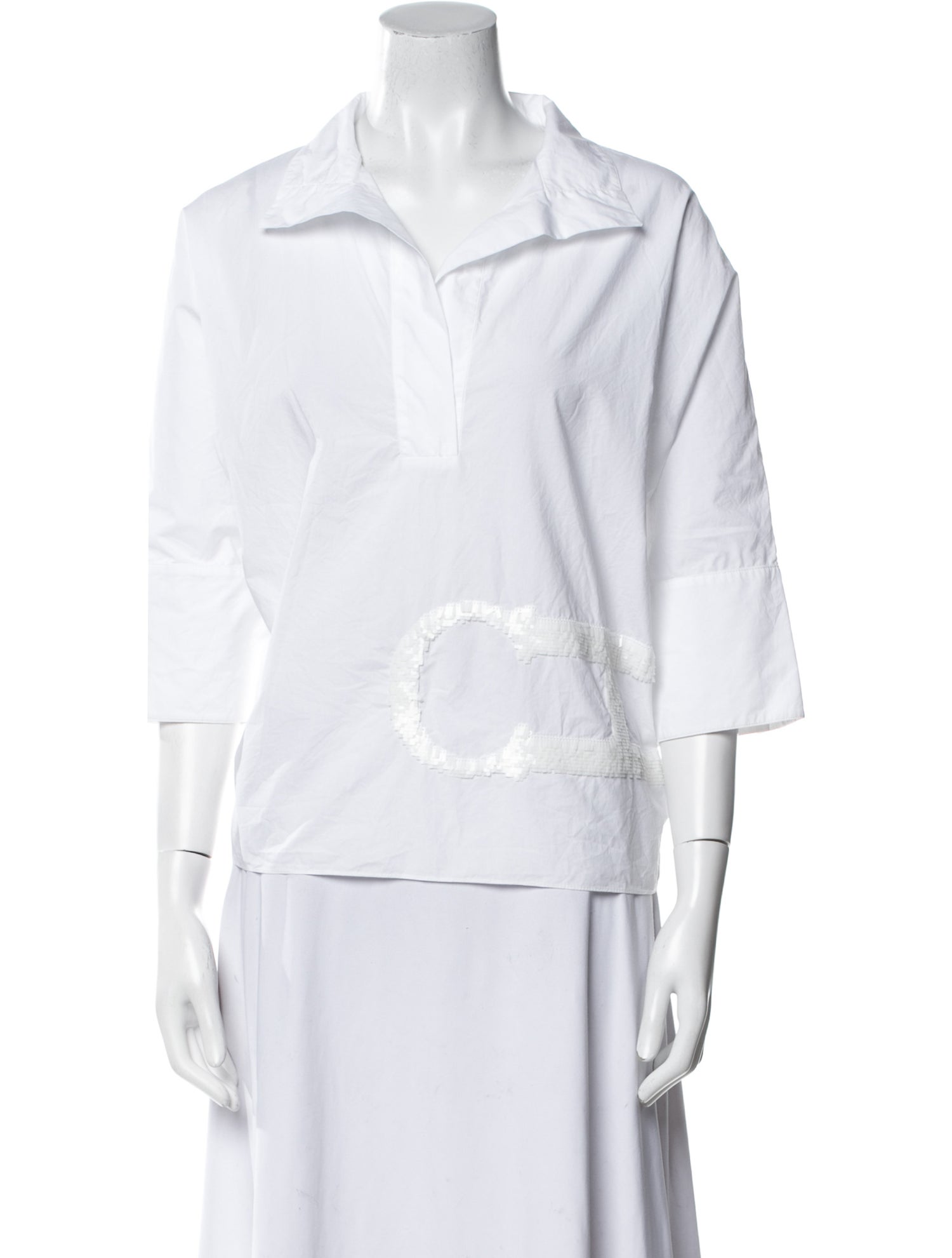 CH Carolina Herrera V-Neck Three-Quarter Sleeve Button-Up Top