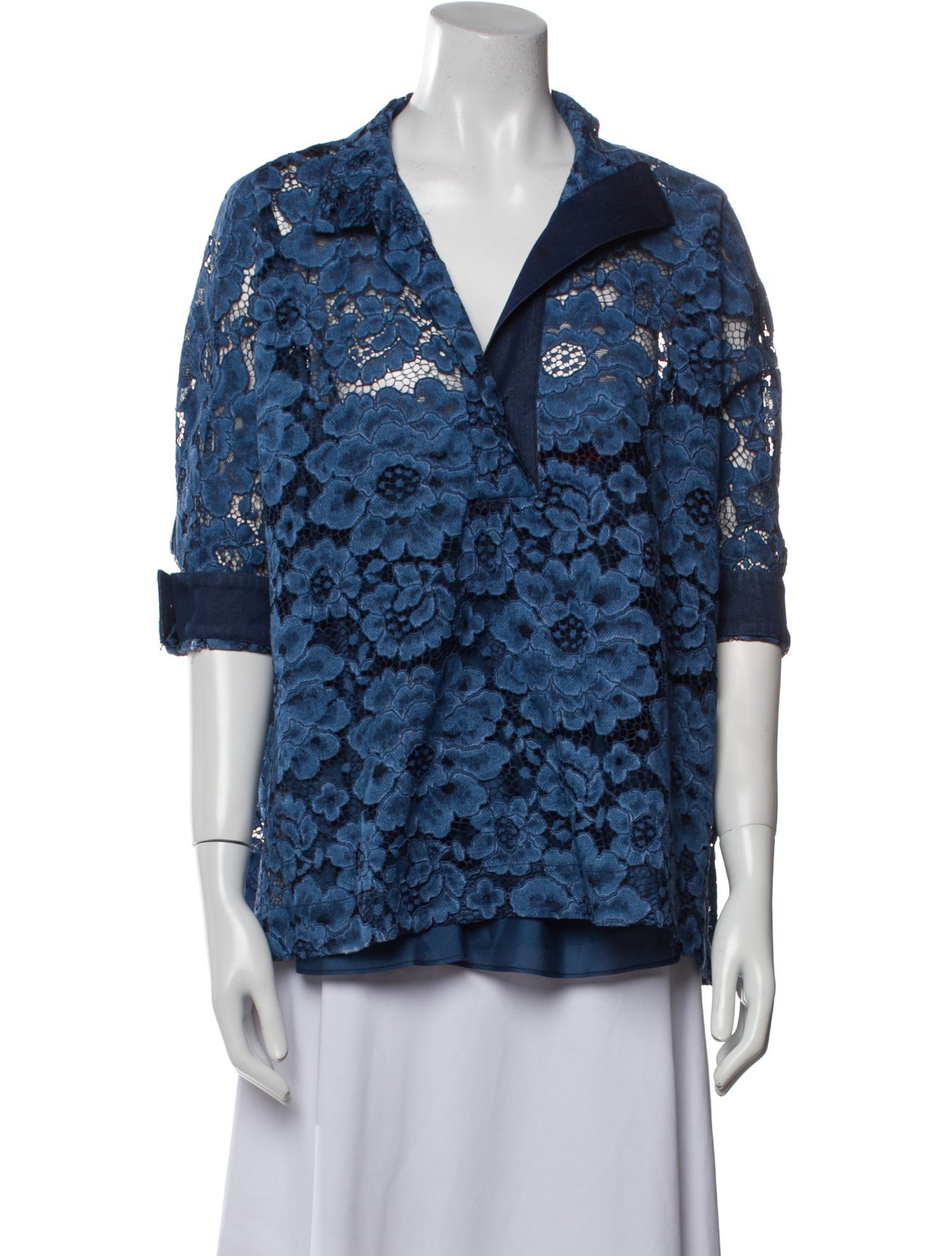 CH Carolina Herrera Lace Pattern Three-Quarter Sleeve Polo