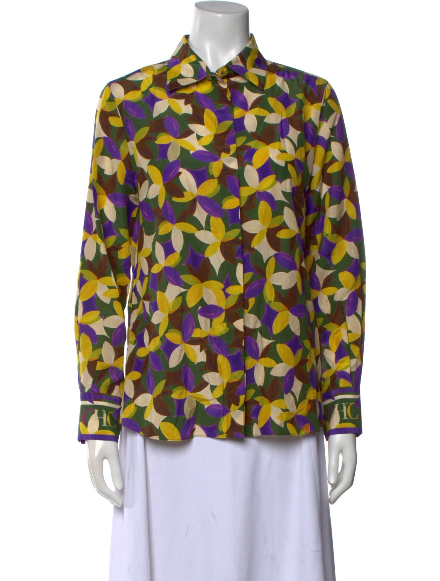 CH Carolina Herrera Printed Long Sleeve Button-Up Top