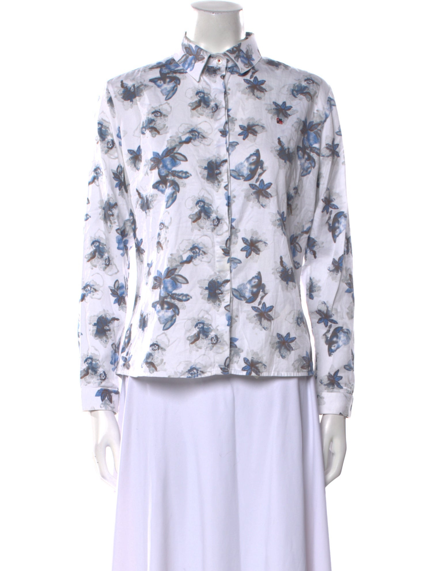 CH Carolina Herrera Floral Print Long Sleeve Button-Up Top