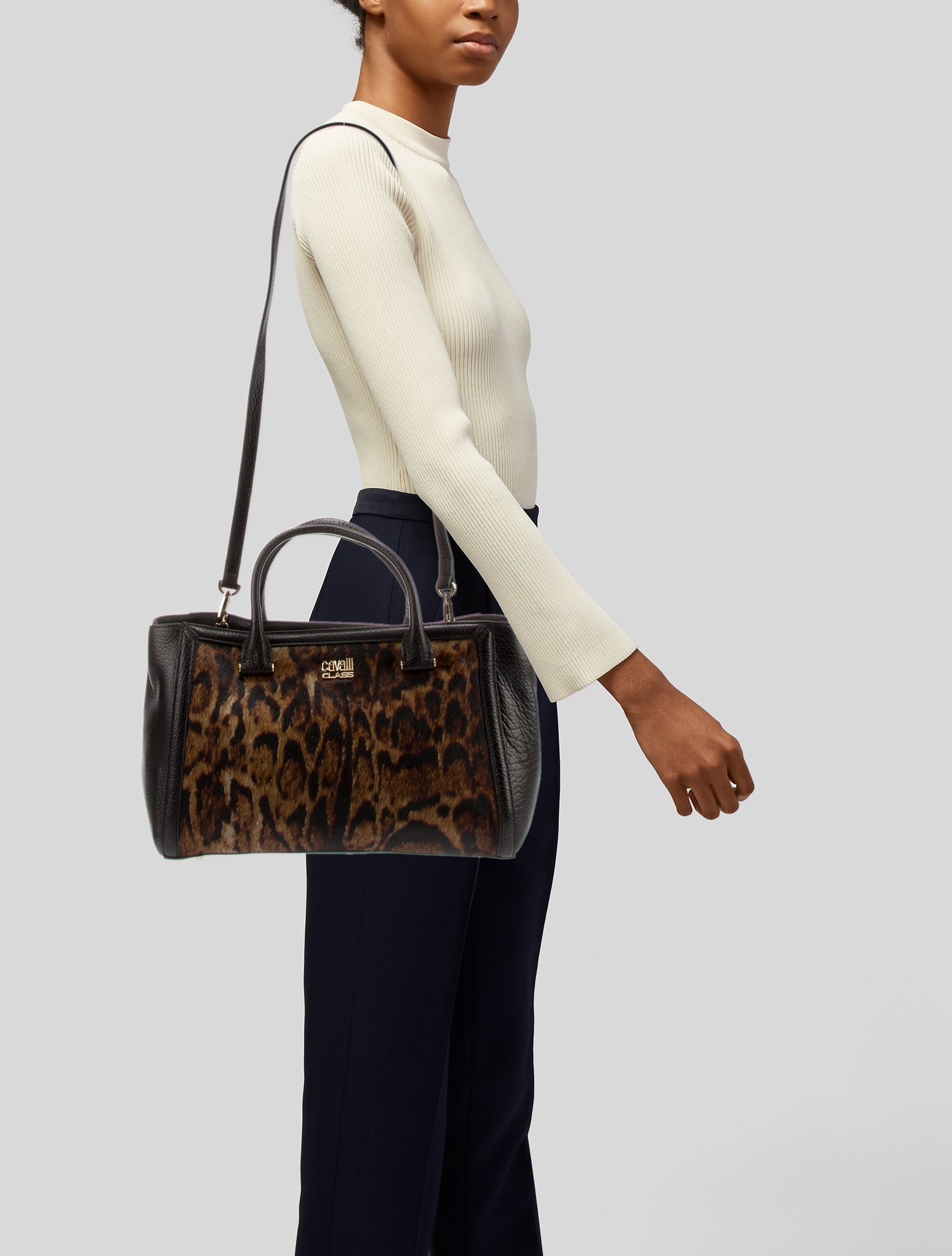 Cavalli Class Leather Pony Hair Trimmed Tote Bag