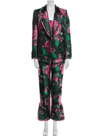 Pre-owned Celia B Floral Print Ruffle Embellishment Pantsuit In Green