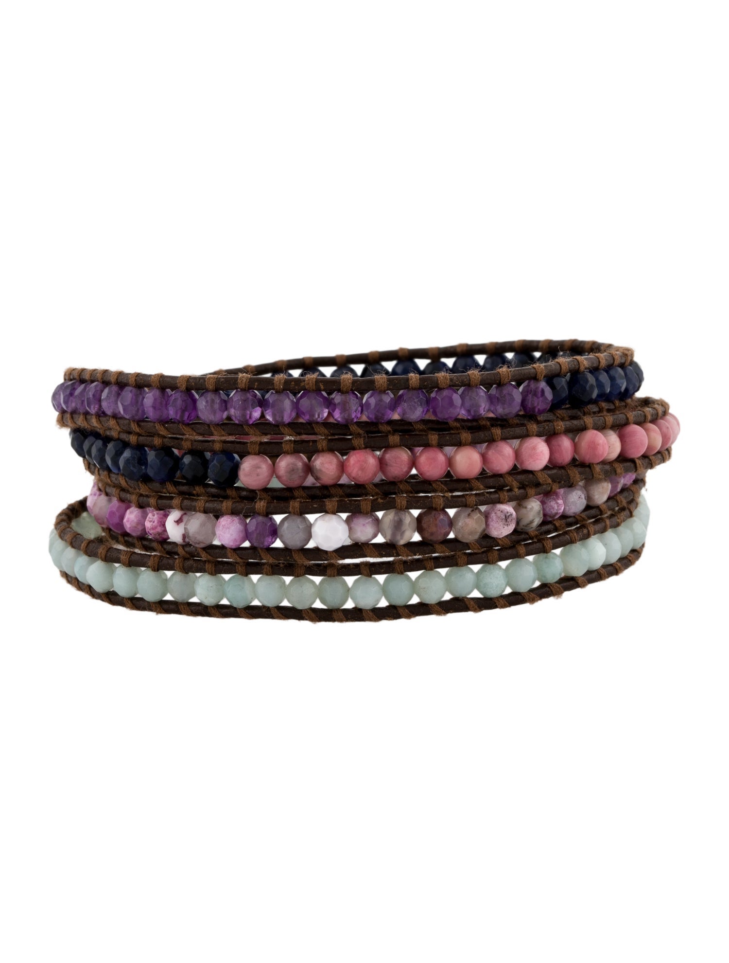 Chan Luu Green Stone, Purple Stone, Pink Stone, Blue Stone & Leather Wrap Bracelet