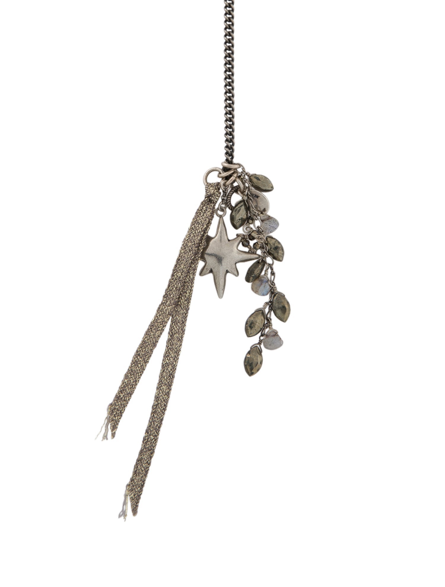 Chan Luu Gray Stone, Fabric & Bead Strand Lavalier Necklace