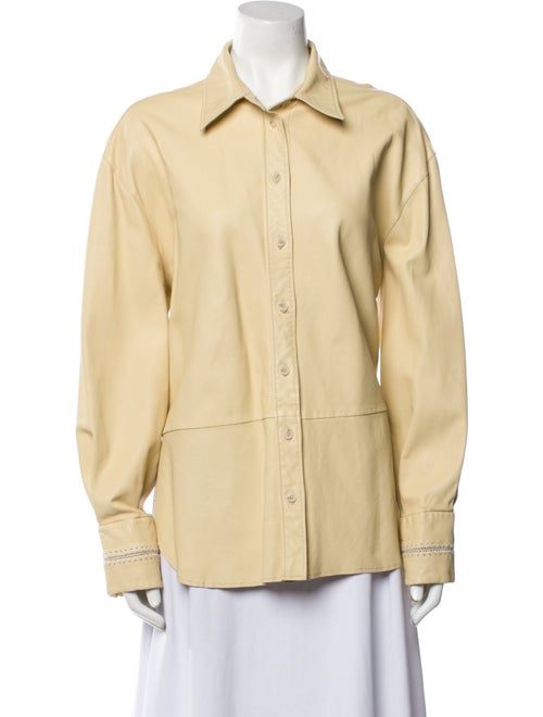 Closed Leather Long Sleeve Button-Up Top