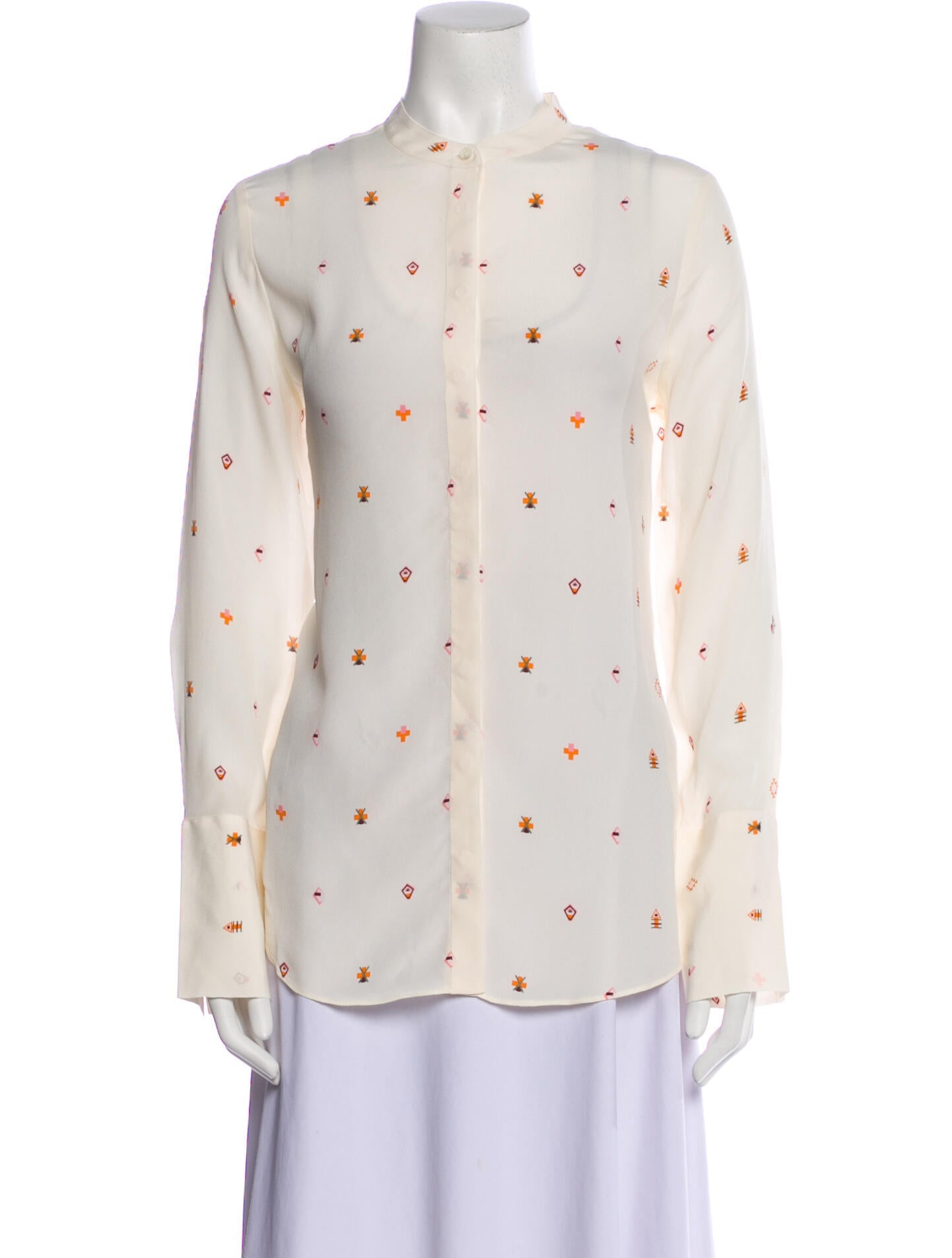 Closed Printed Mock Neck Button-Up Top w/ Tags