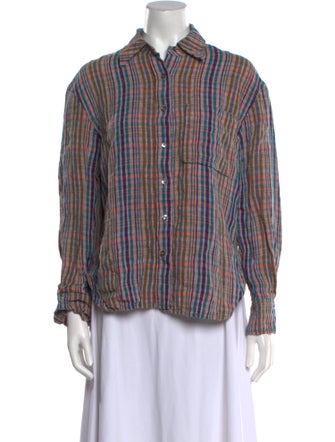 Closed Linen Plaid Print Button-Up Top