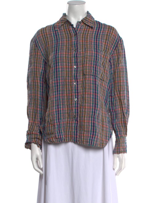 Closed Linen Plaid Print Button-Up Top