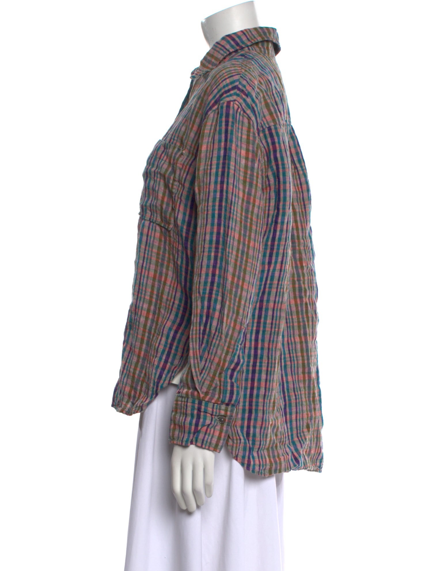 Closed Linen Plaid Print Button-Up Top