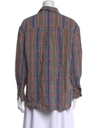 Closed Linen Plaid Print Button-Up Top