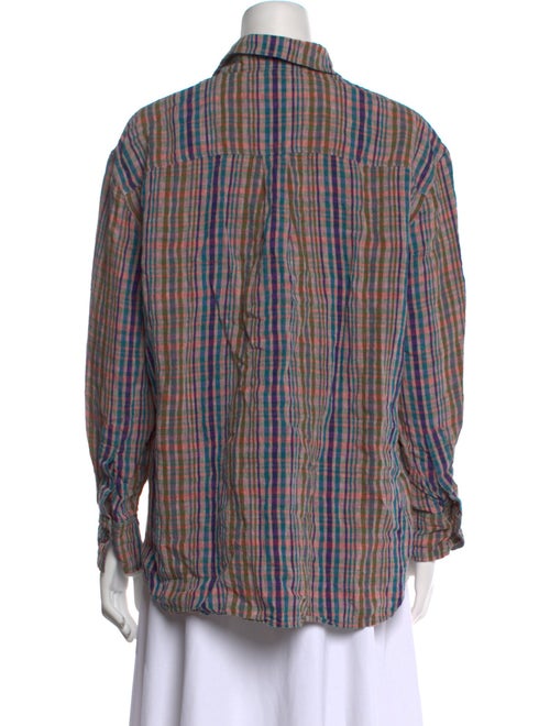 Closed Linen Plaid Print Button-Up Top