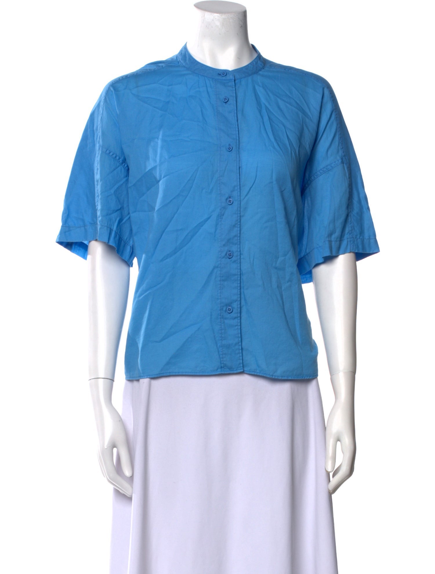 Closed Crew Neck Short Sleeve Button-Up Top