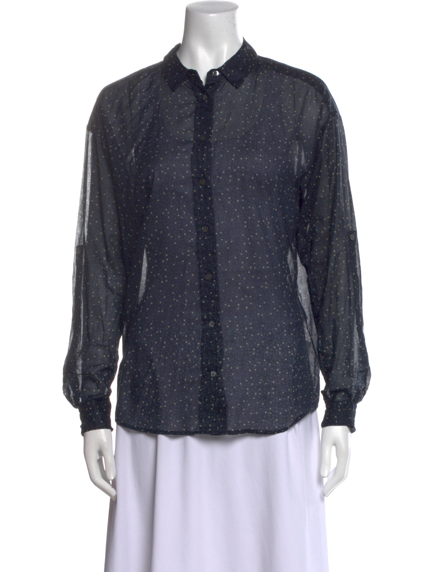 Closed Polka Dot Print Long Sleeve Button-Up Top