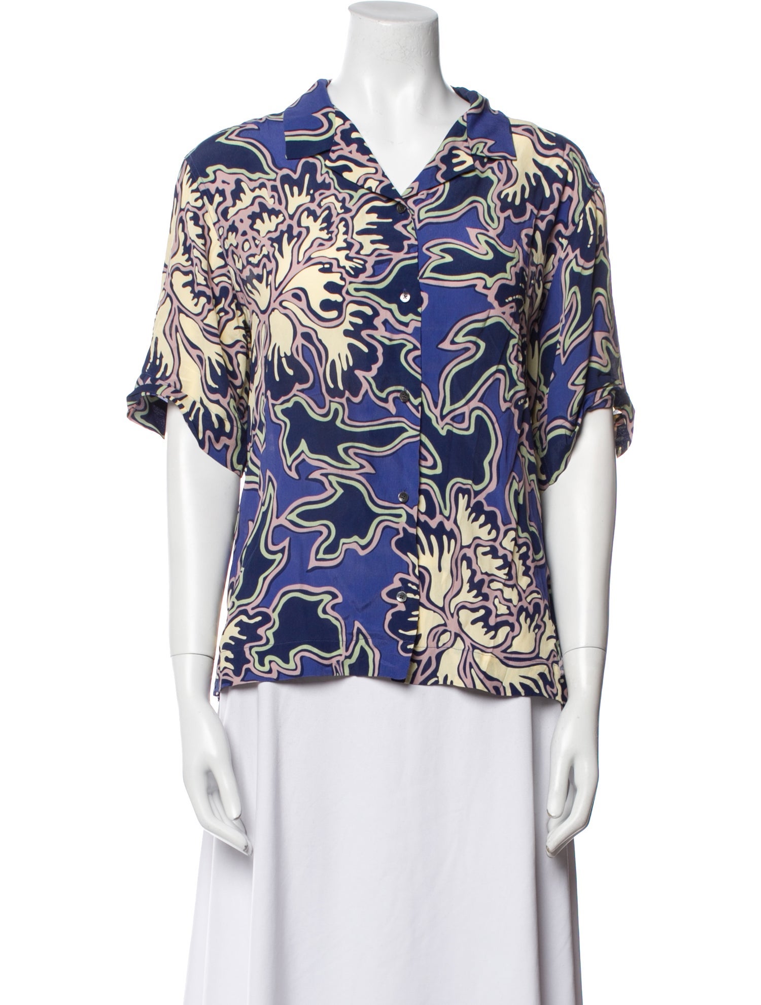 Closed Printed V-Neck Button-Up Top