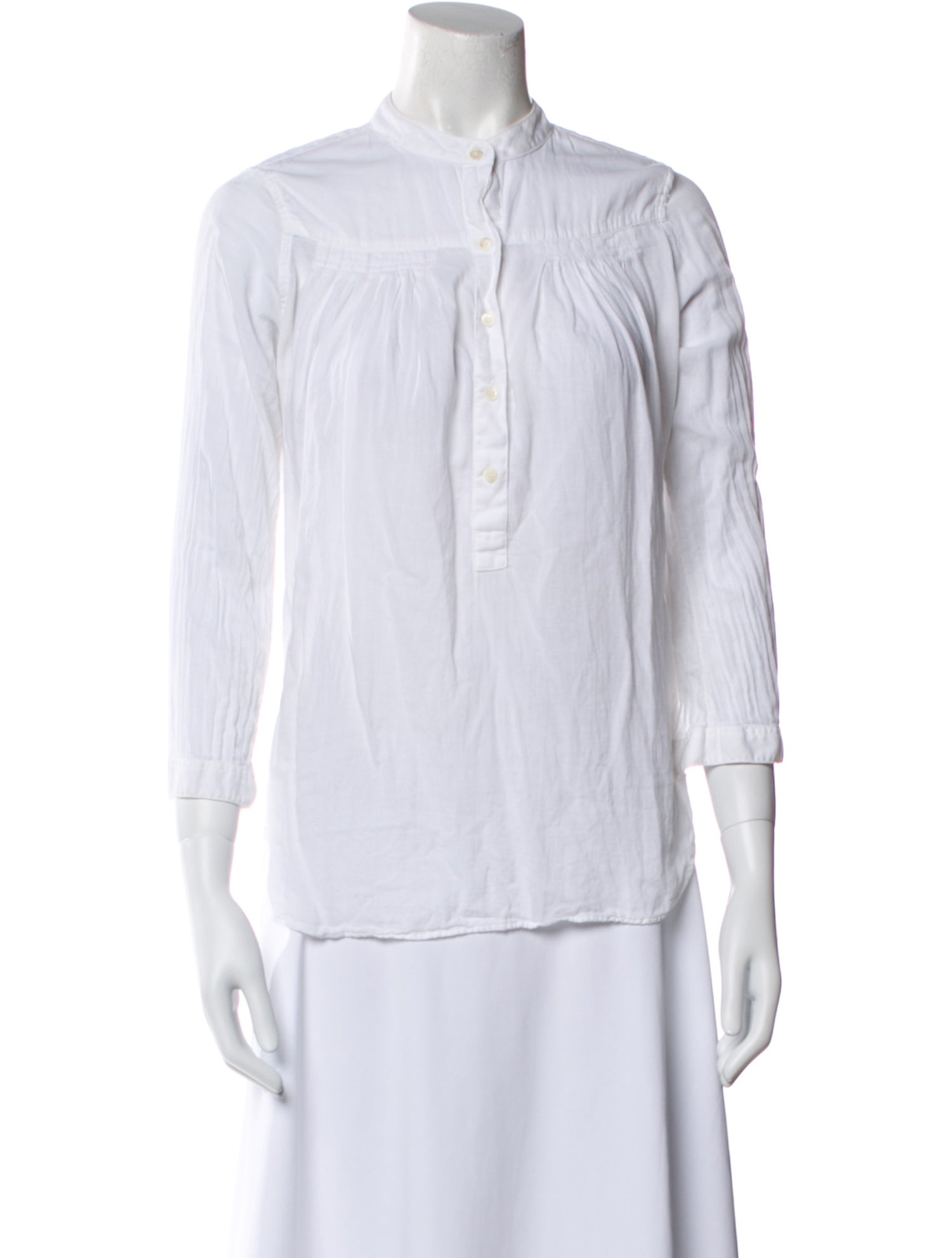 Closed Mock Neck Three-Quarter Sleeve Button-Up Top