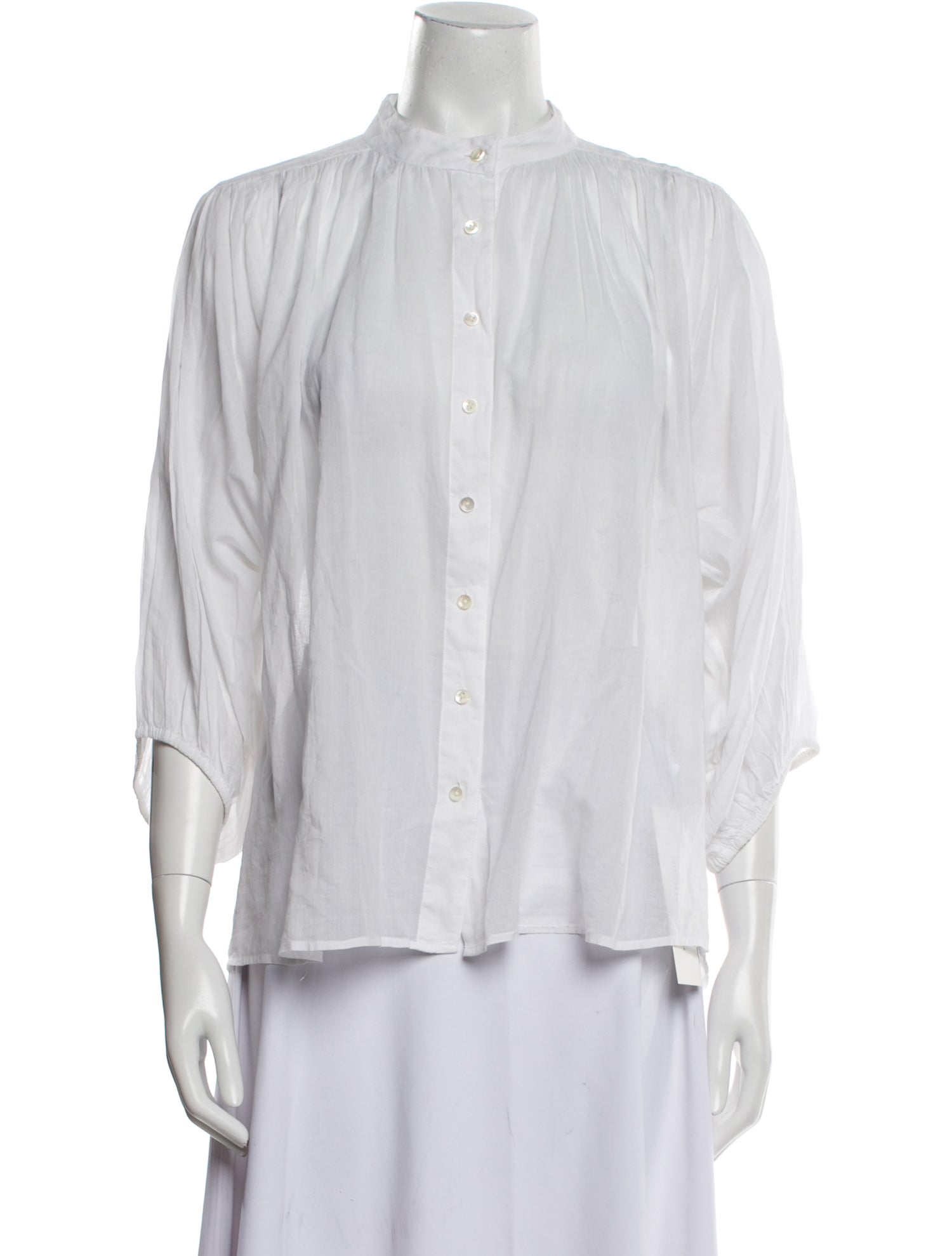 Closed Mock Neck Three-Quarter Sleeve Button-Up Top