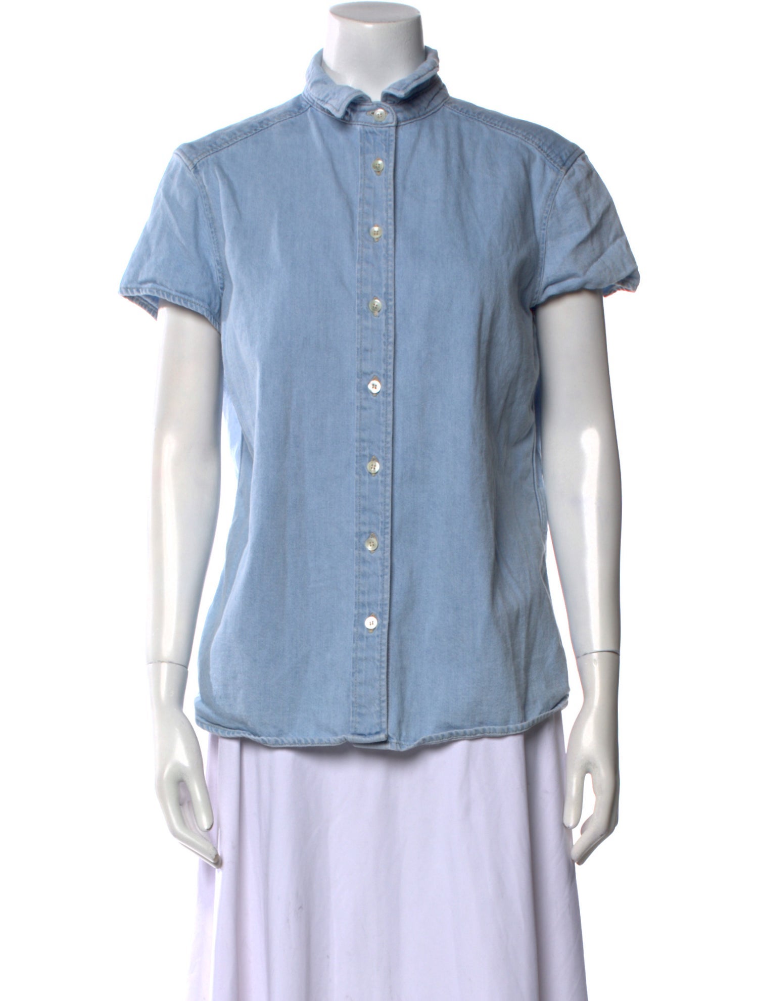 Closed Mock Neck Short Sleeve Button-Up Top