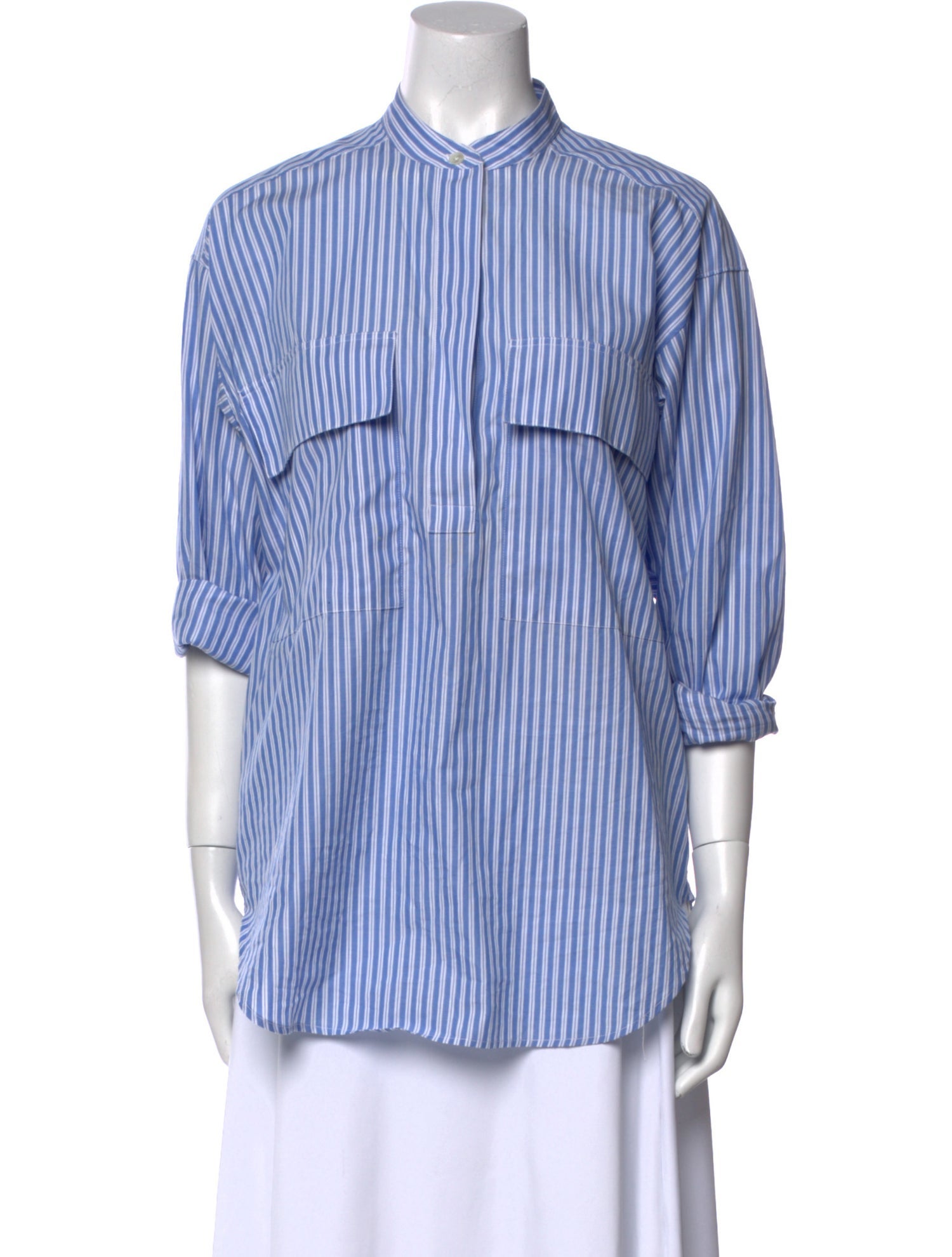 Closed Striped Three-Quarter Sleeve Button-Up Top