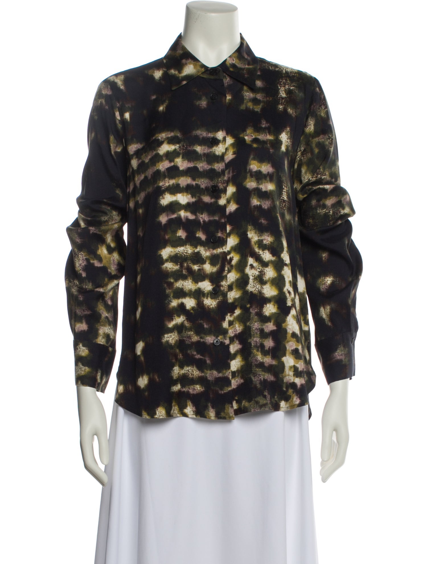 Closed Printed Three-Quarter Sleeve Button-Up Top