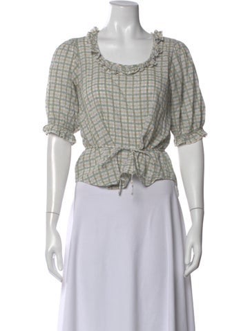 Pre-owned Christy Dawn Plaid Print Scoop Neck Blouse In Green
