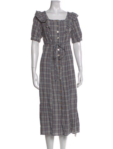 Pre-owned Christy Dawn Plaid Print Midi Length Dress In Blue