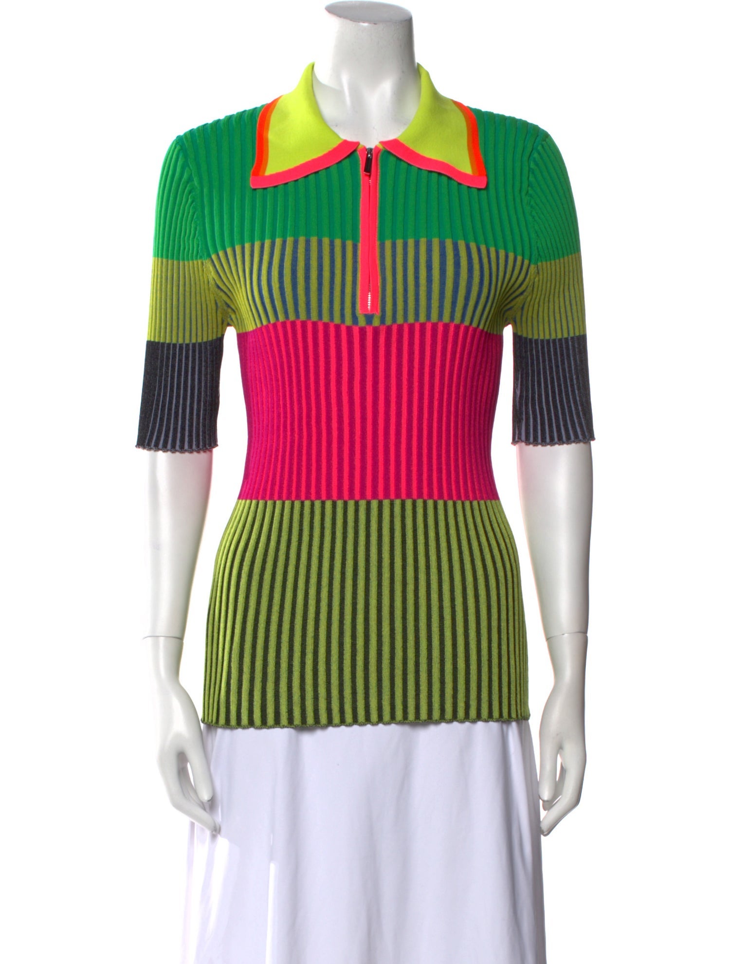 Christopher John Rogers Striped Three-Quarter Sleeve Polo