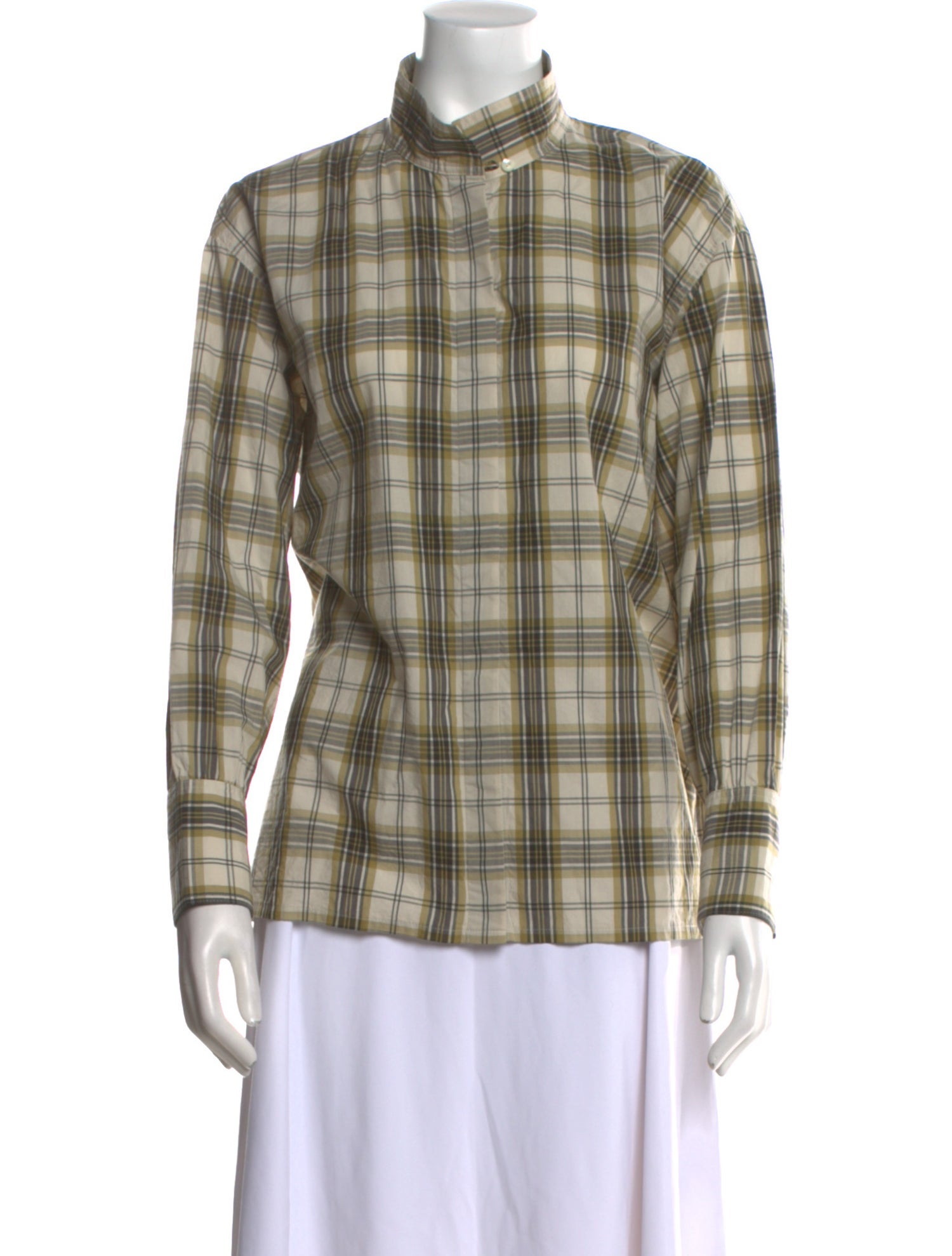 Chimala Plaid Print Mock Neck Button-Up Top