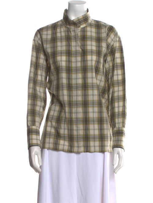 Chimala Plaid Print Mock Neck Button-Up Top