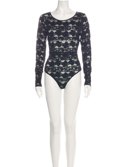 Cinq à Sept Lace Pattern Scoop Neck Bodysuit Black