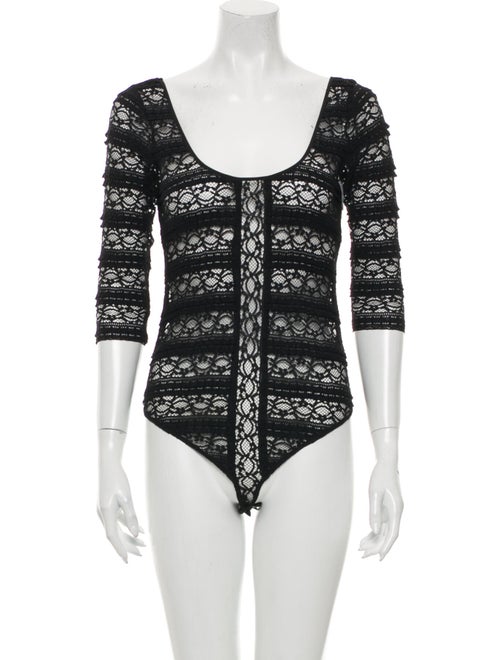 Cinq à Sept Lace Pattern Scoop Neck Bodysuit Black