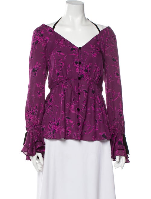 Cinq à Sept Silk Floral Print Button-Up Top Purple