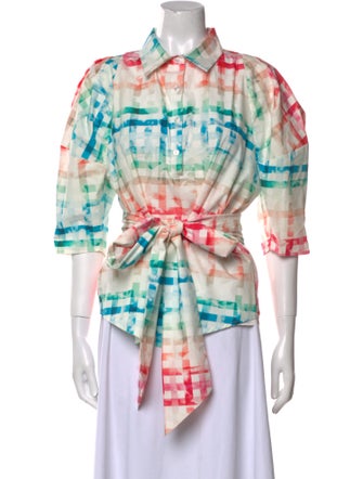 Chloé Kristyn Plaid Print Three-Quarter Sleeve Button-Up Top