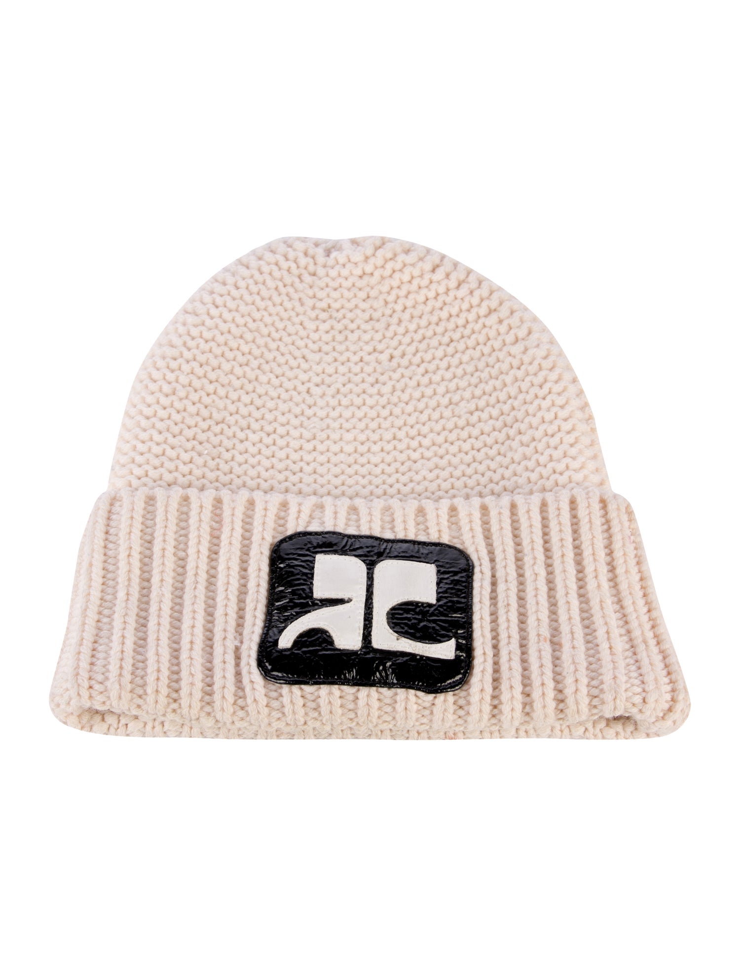 Courrèges Wool Knit Leather Trim Embellished Beanie