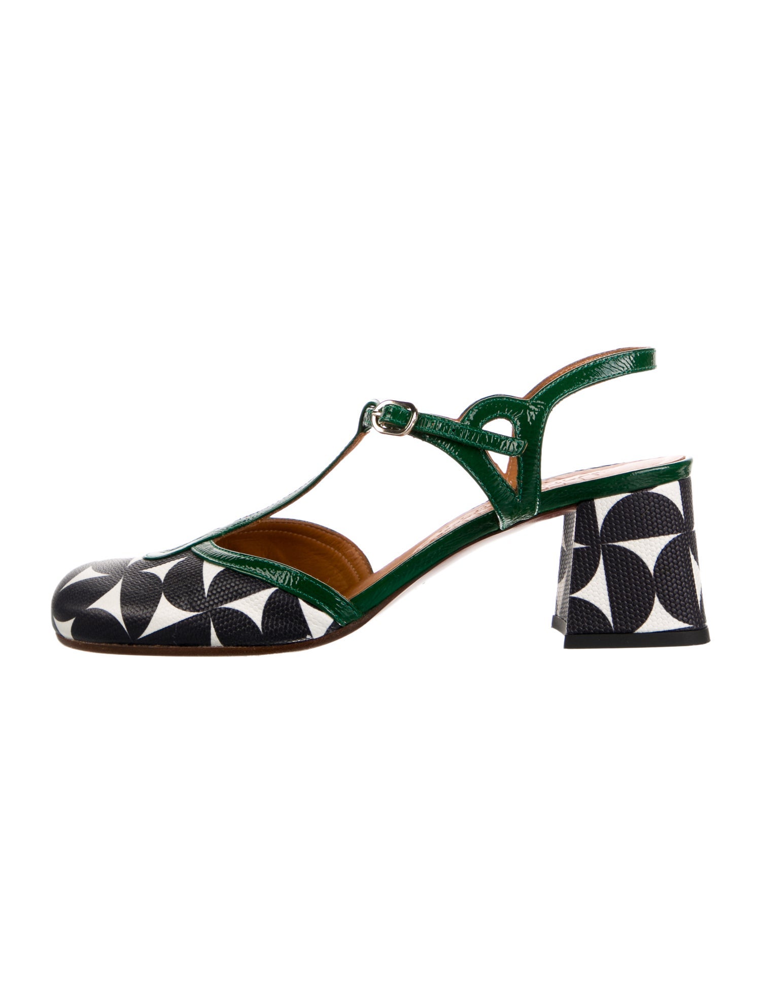 Chie Mihara Patent Leather Printed T-Strap Pumps