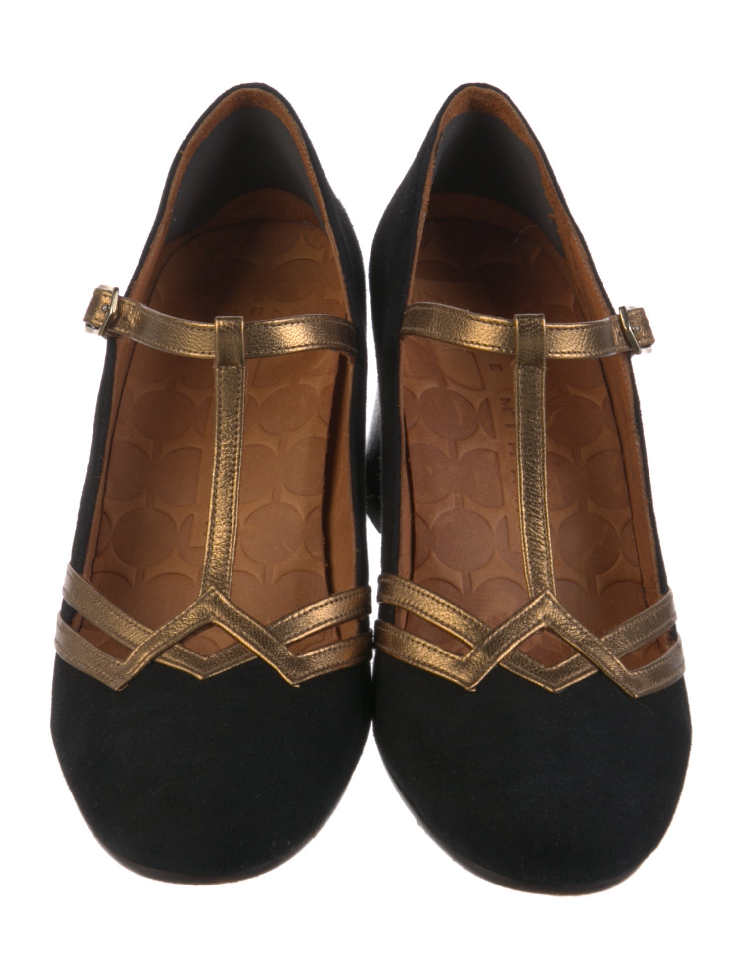 Chie Mihara Suede Leather Trim Embellishment T-Strap Pumps