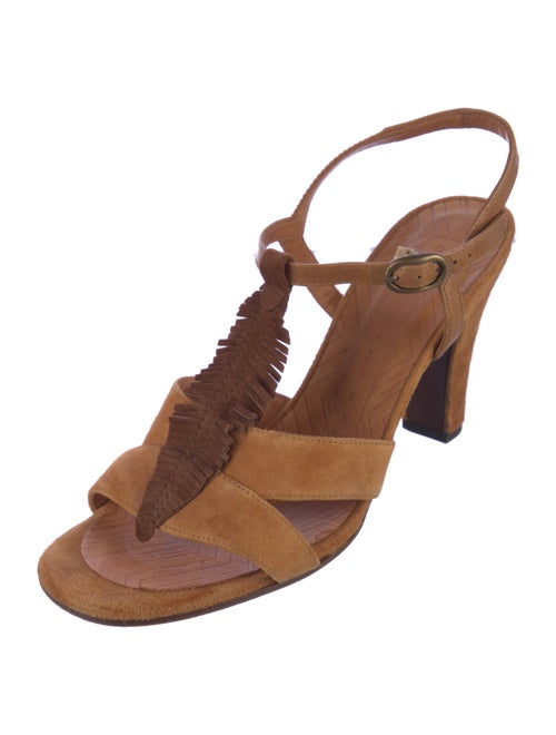 Chie Mihara Leather Fringe Trim Accent T-Strap Sandals