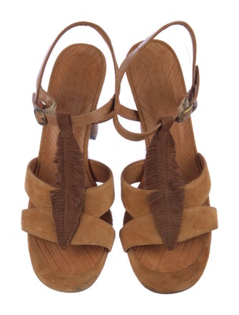 Chie Mihara Leather Fringe Trim Accent T-Strap Sandals