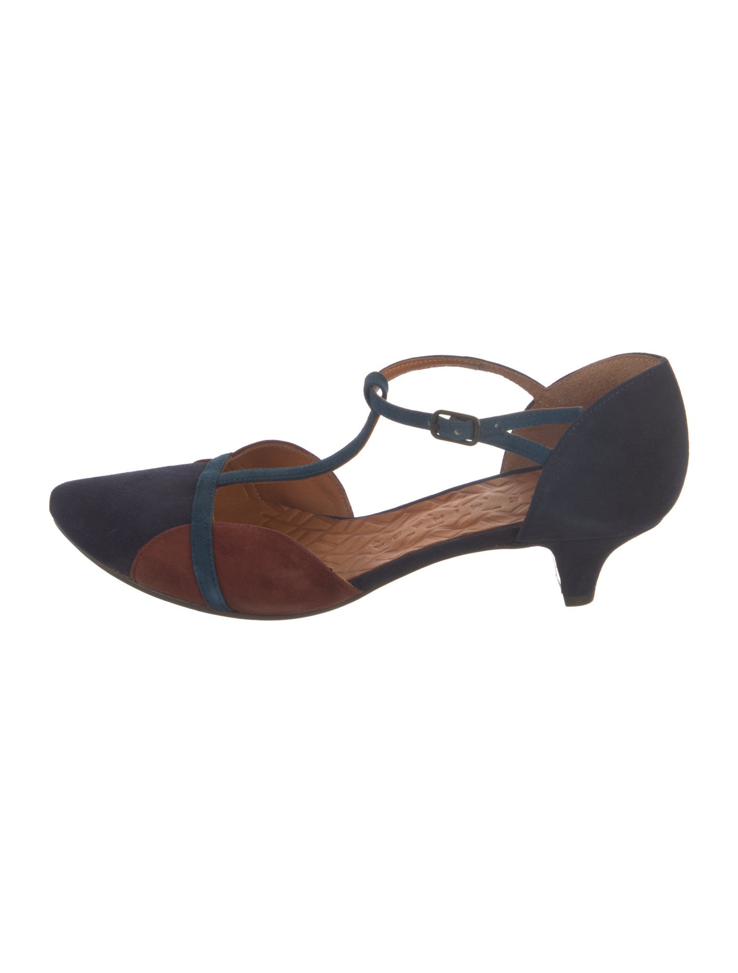 Chie Mihara Suede Colorblock Pattern T-Strap Pumps