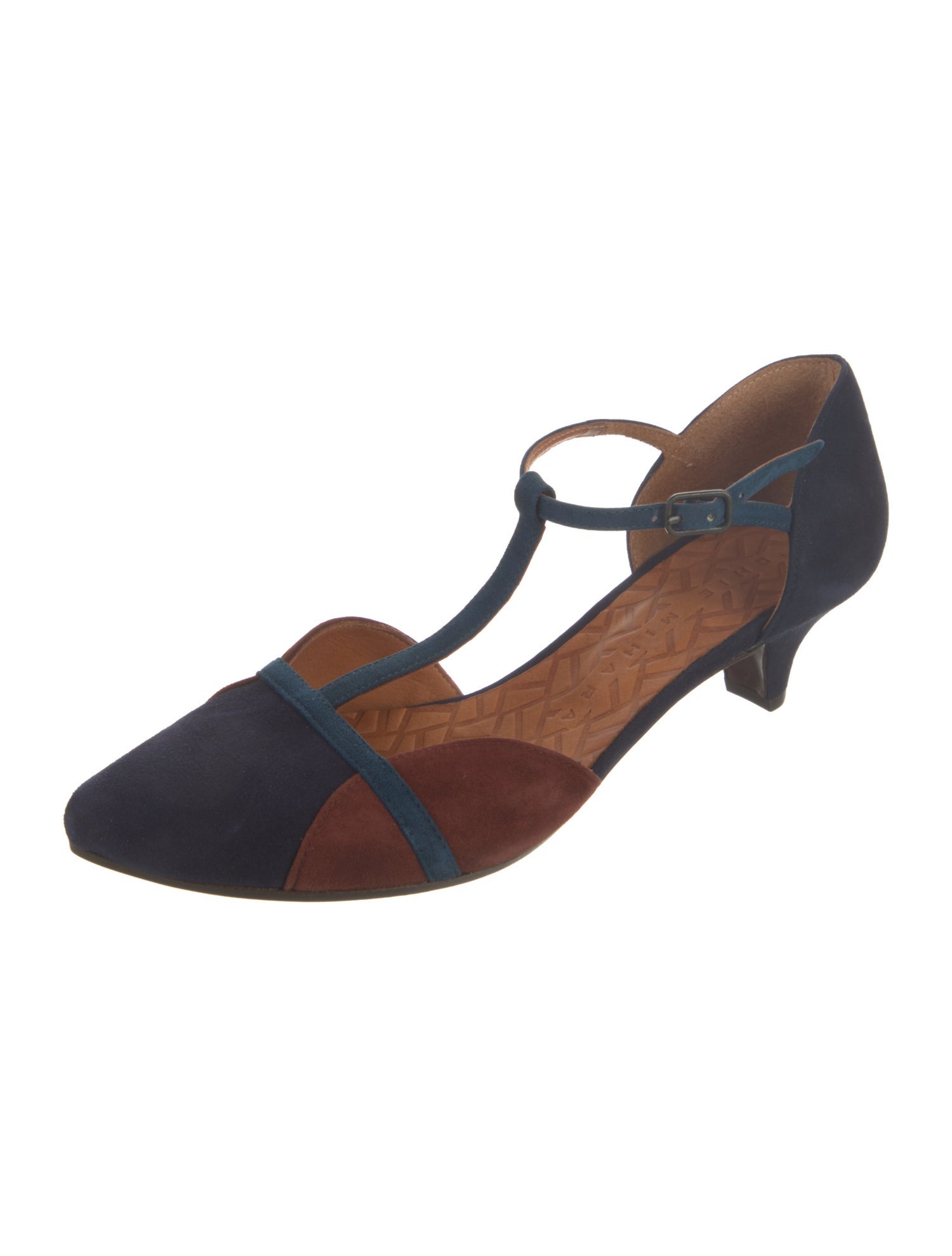 Chie Mihara Suede Colorblock Pattern T-Strap Pumps