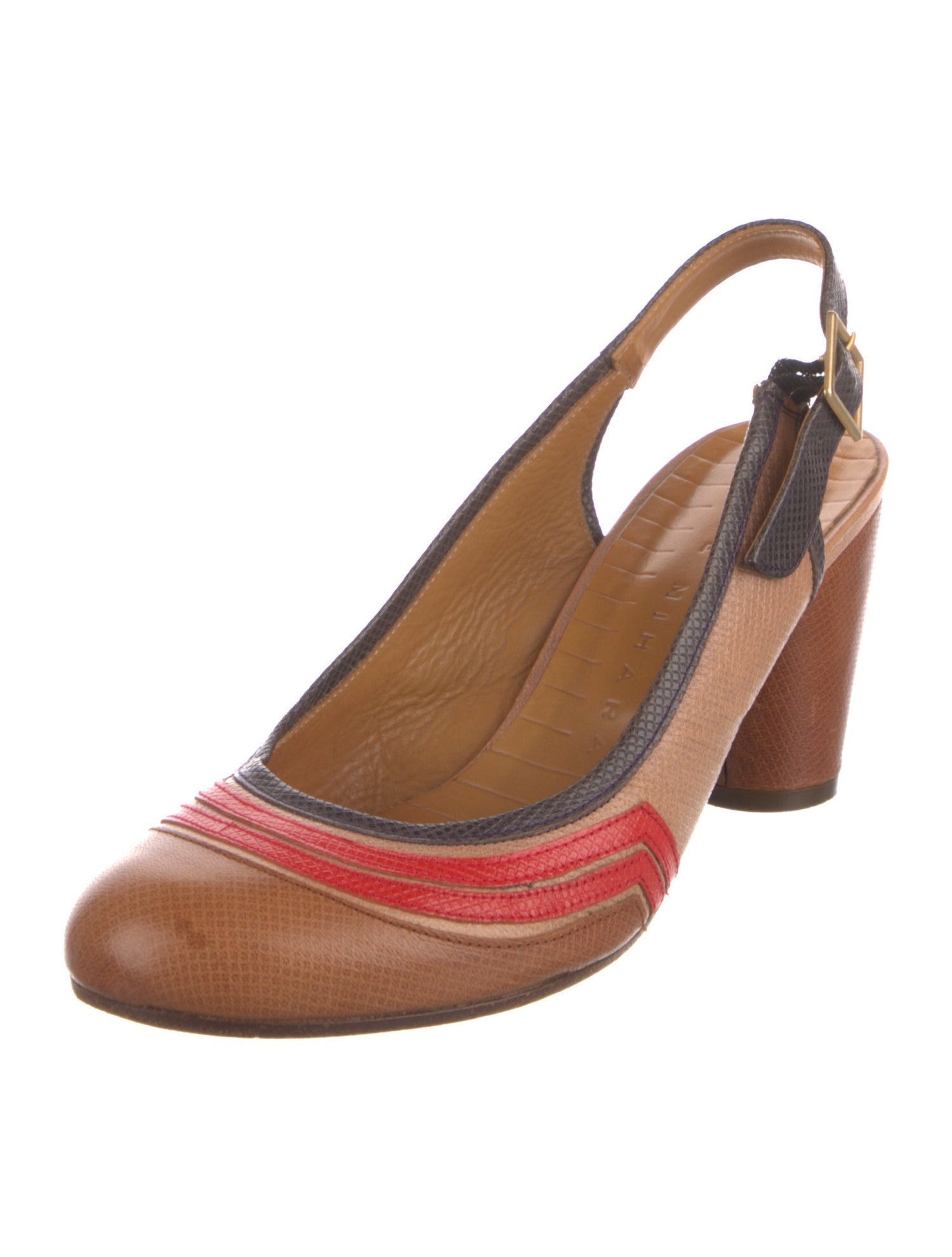 Chie Mihara Leather Colorblock Pattern Slingback Pumps